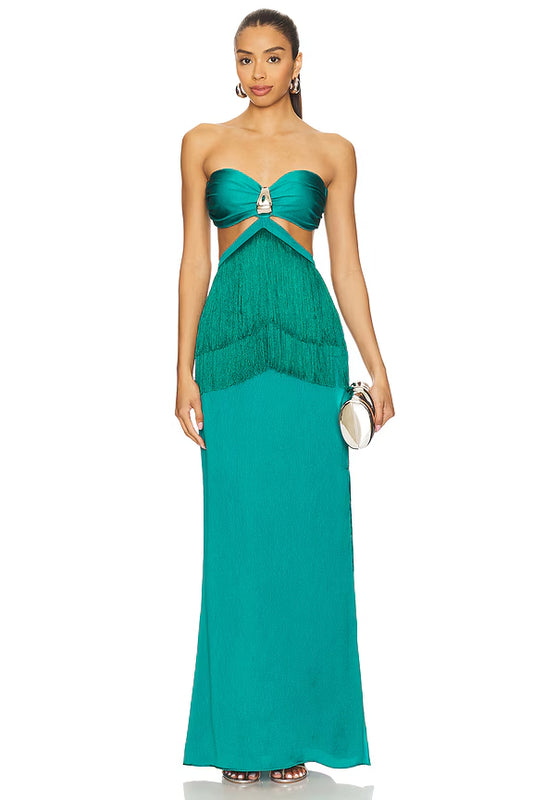 Chic Satin Fringe Trim Backless Maxi Dress