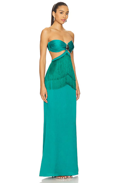 Chic Satin Fringe Trim Backless Maxi Dress