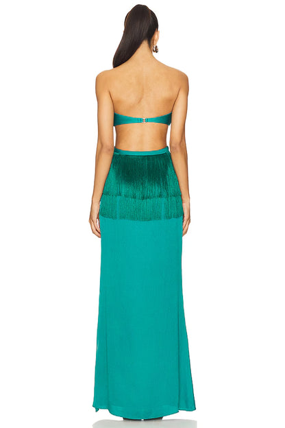 Chic Satin Fringe Trim Backless Maxi Dress