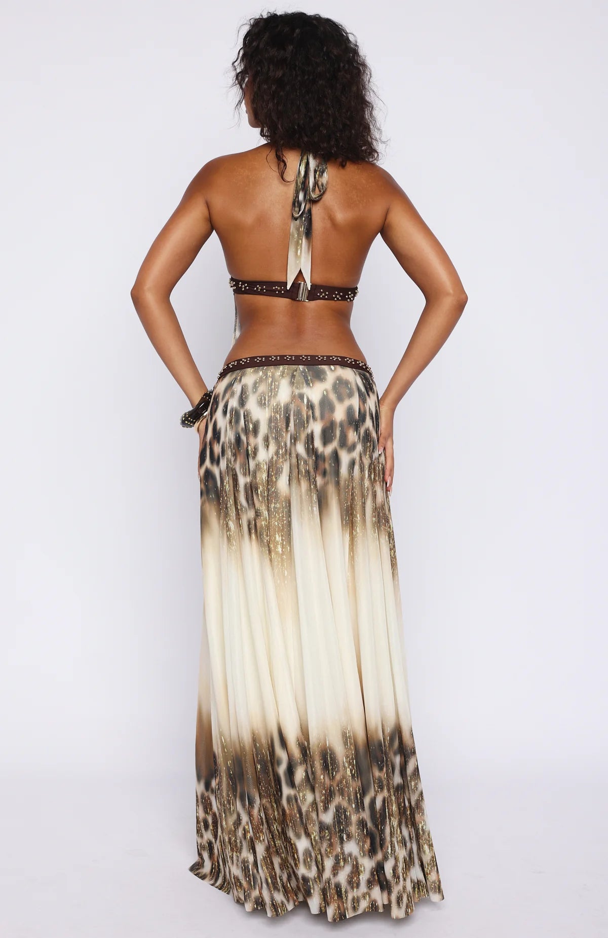 Glam Studded Leopard Print Backless Maxi Dress